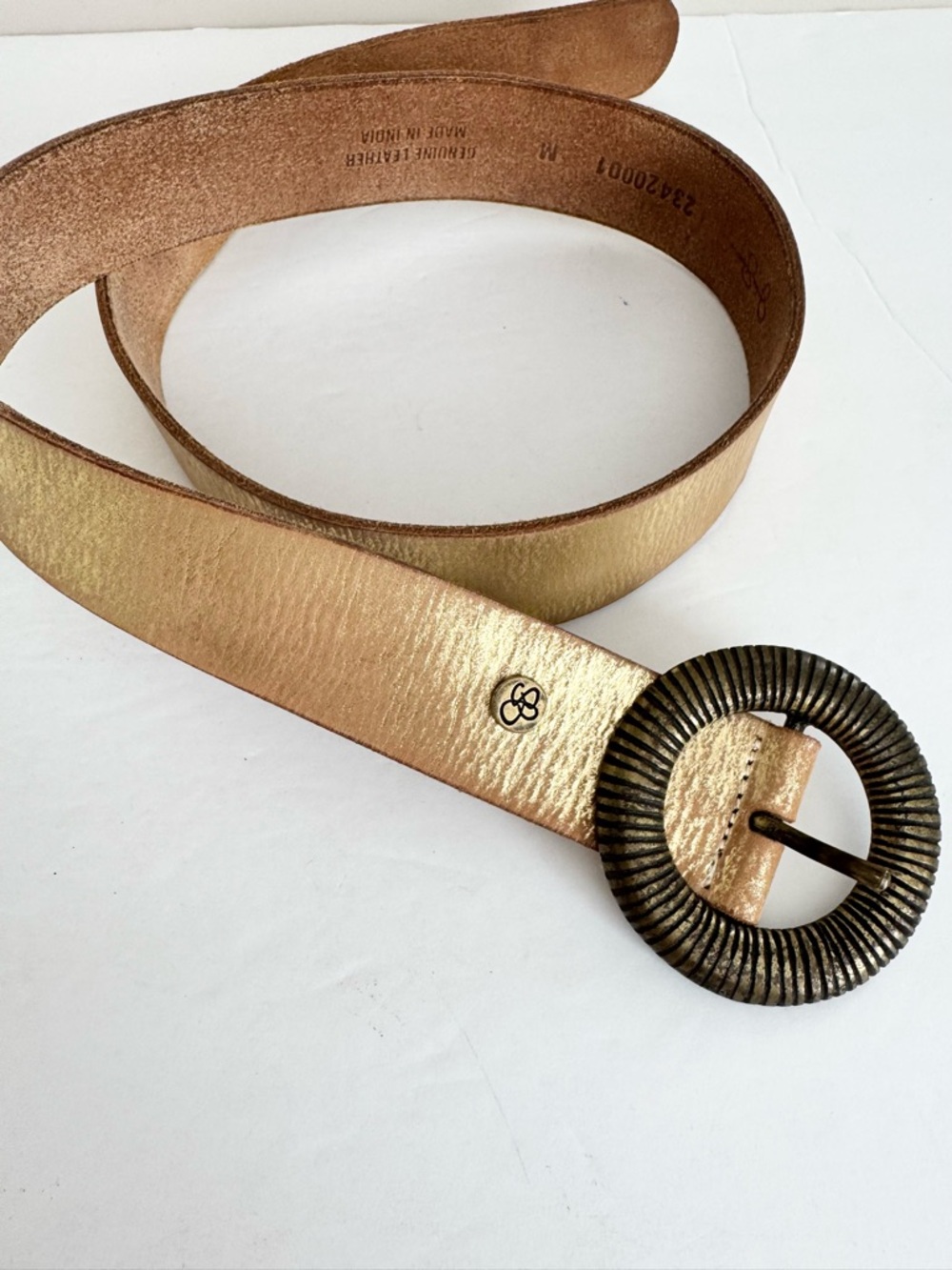 Y2K Jessica Simpson Gold Metallic Genuine Leather Belt Round Statement Buckle M - Picture 6 of 12